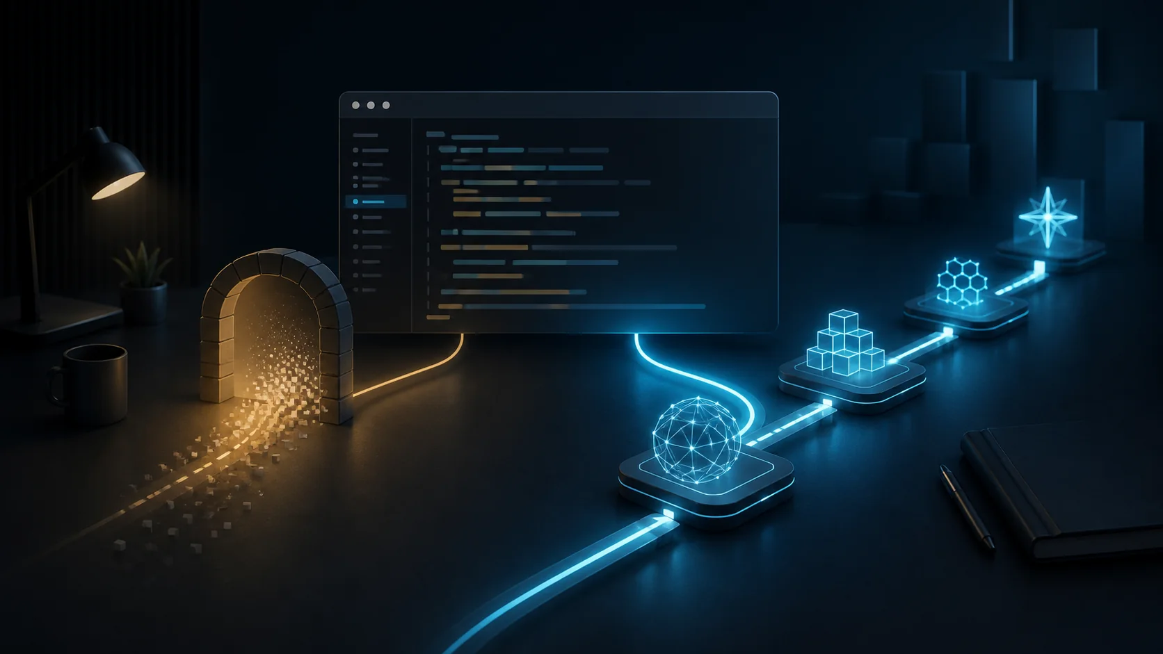 Editorial illustration of a coding workspace splitting into a fading model route and several alternative provider paths