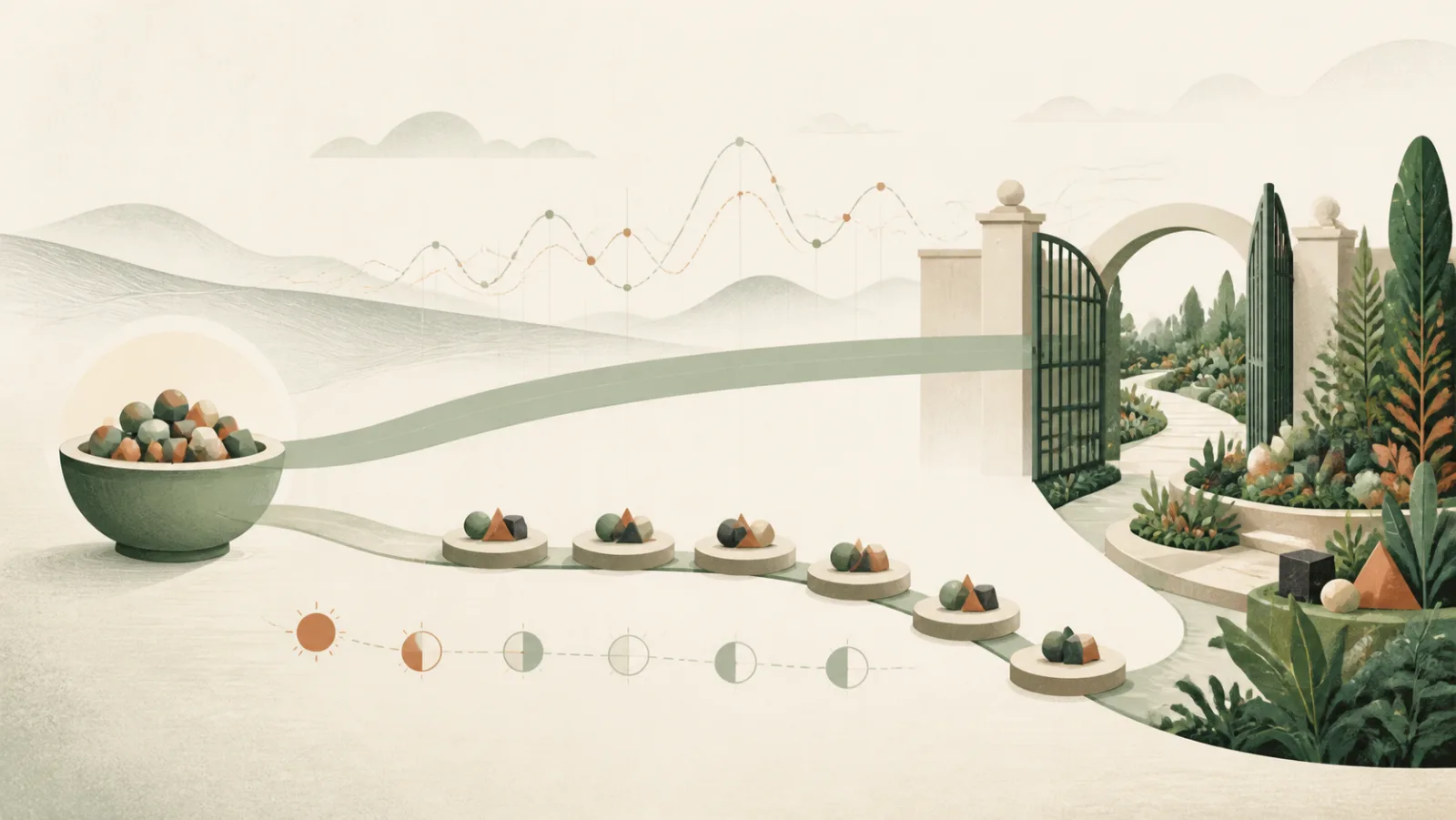 Editorial illustration of one investment pool taking an immediate path and a measured step-by-step path toward the same long-term garden