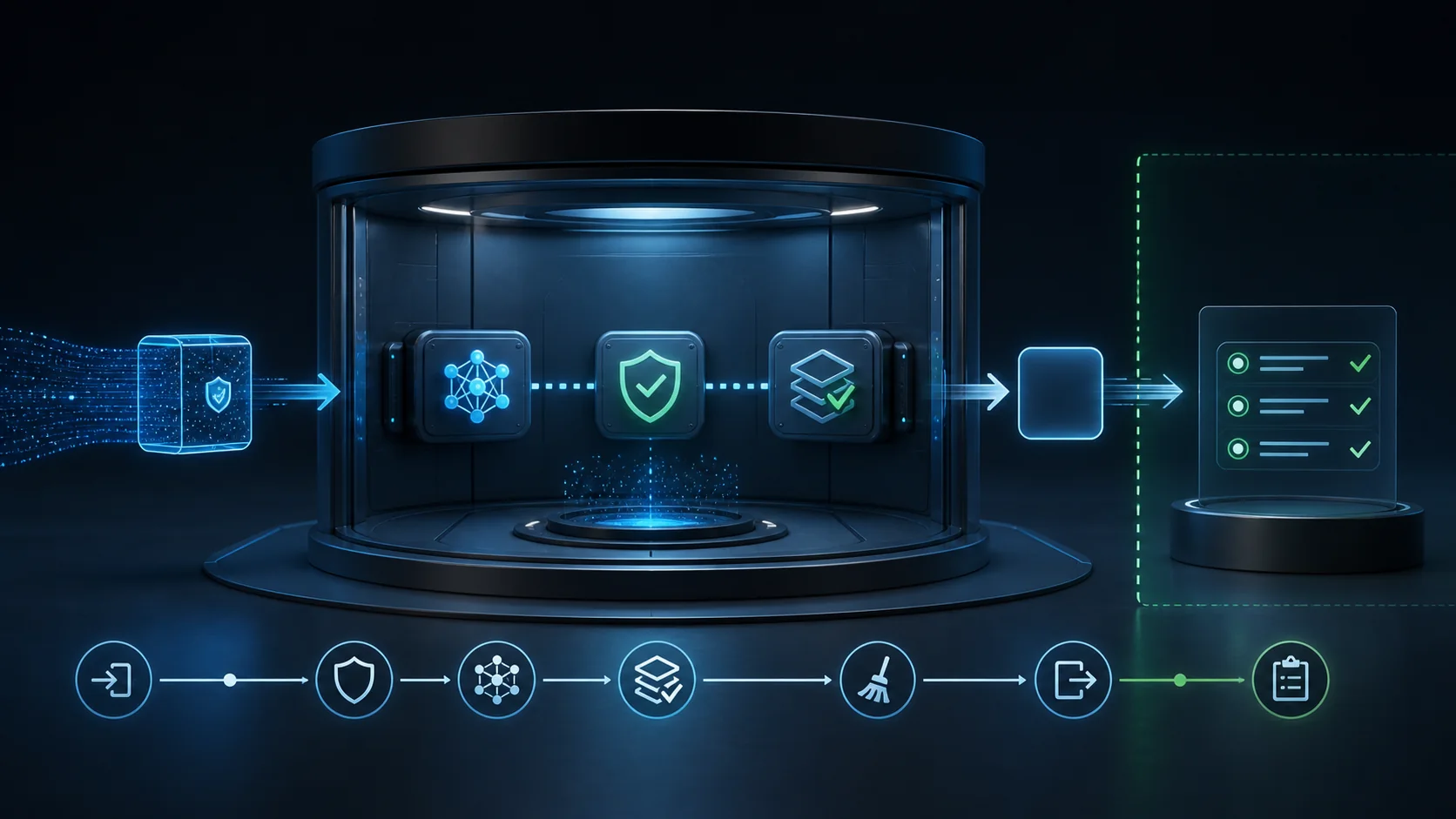 Editorial illustration of an AI request moving through a sealed private processing chamber and controlled audit boundary