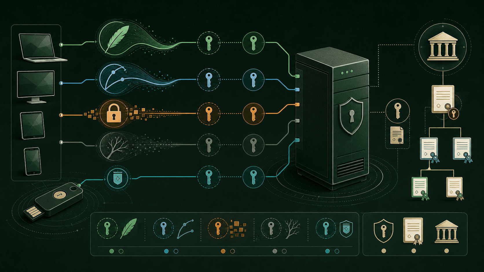 Editorial illustration comparing SSH key families, a certificate authority, client devices, and a hardware security key