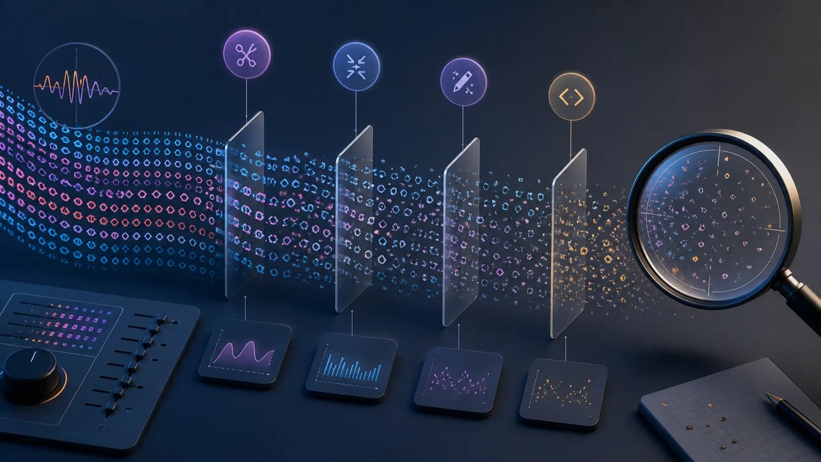 Editorial illustration of a statistical signal becoming fragmented as generated language is edited and transformed