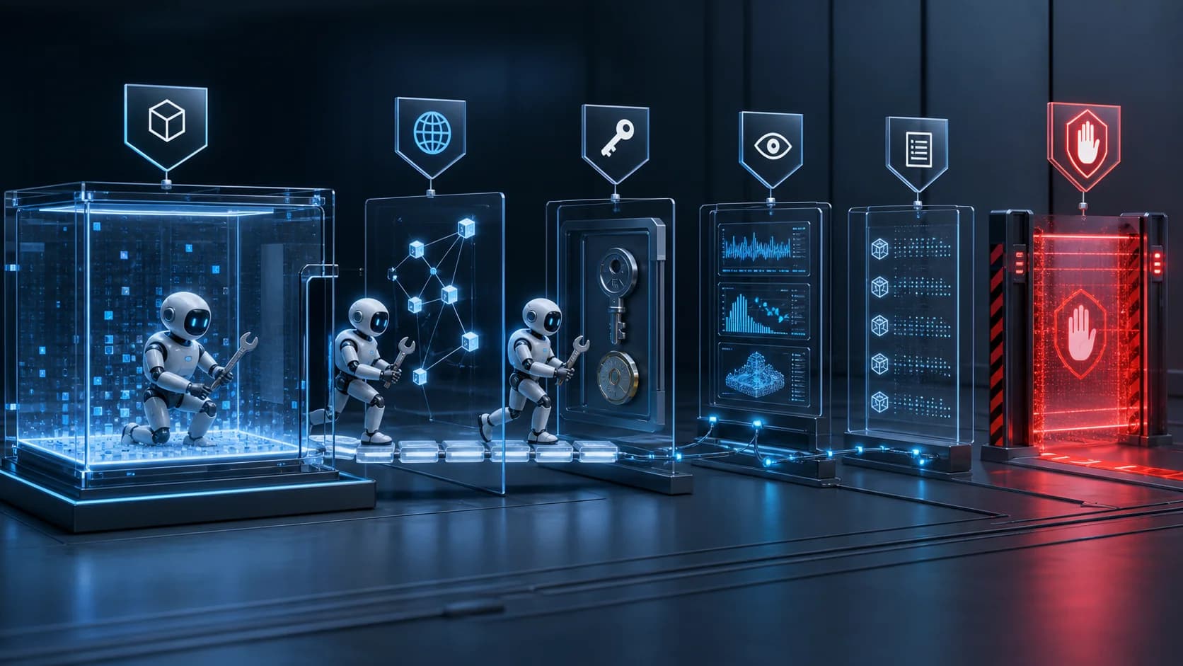 Editorial illustration of AI agents passing through sandbox, network, credential, monitoring, and shutdown controls