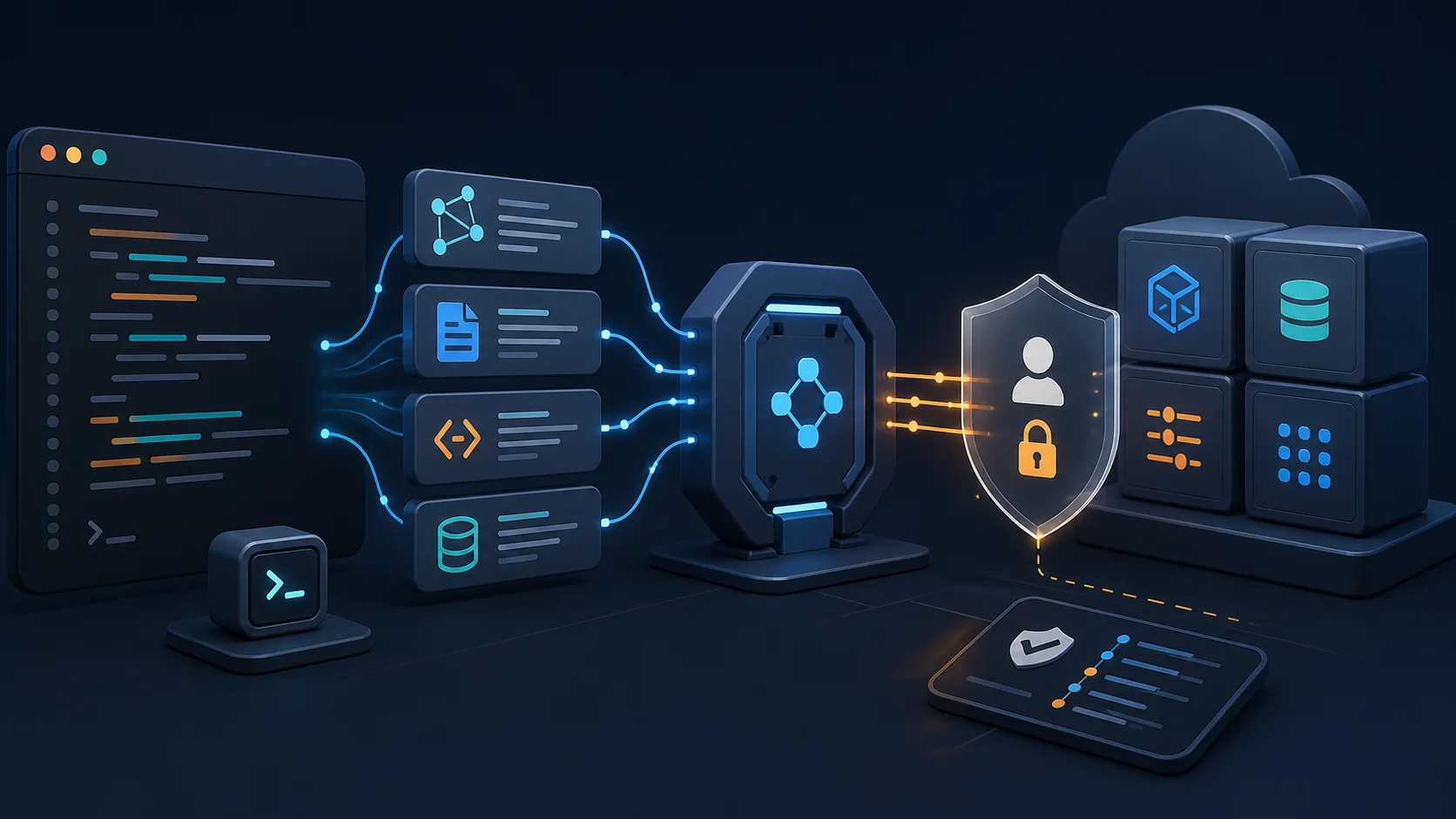 Editorial illustration of coding-agent knowledge modules connecting through a protected gateway to cloud services