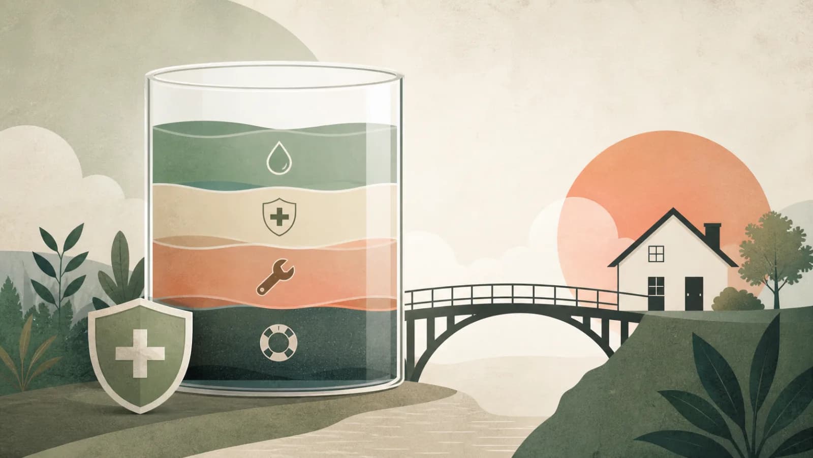 Editorial illustration of a layered emergency reserve protecting housing, medical, and repair needs