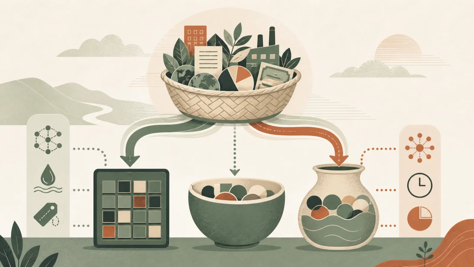 Editorial illustration separating a diversified investment strategy into ETF and mutual-fund containers
