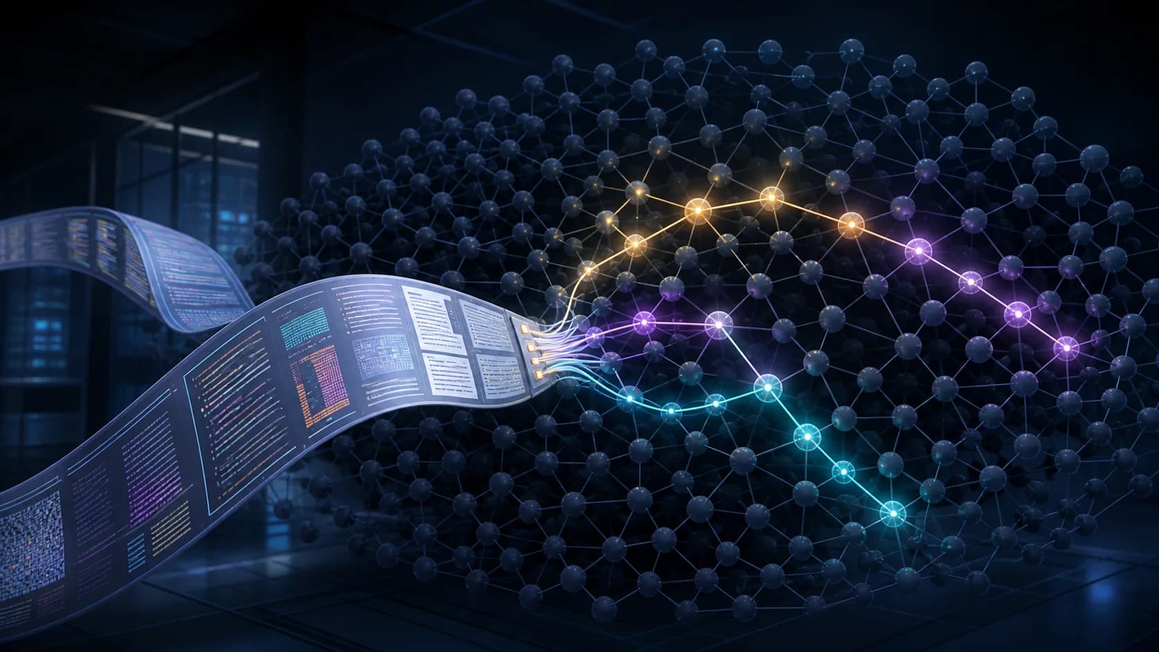 Editorial illustration of a long document stream activating a sparse subset of nodes in a large expert network
