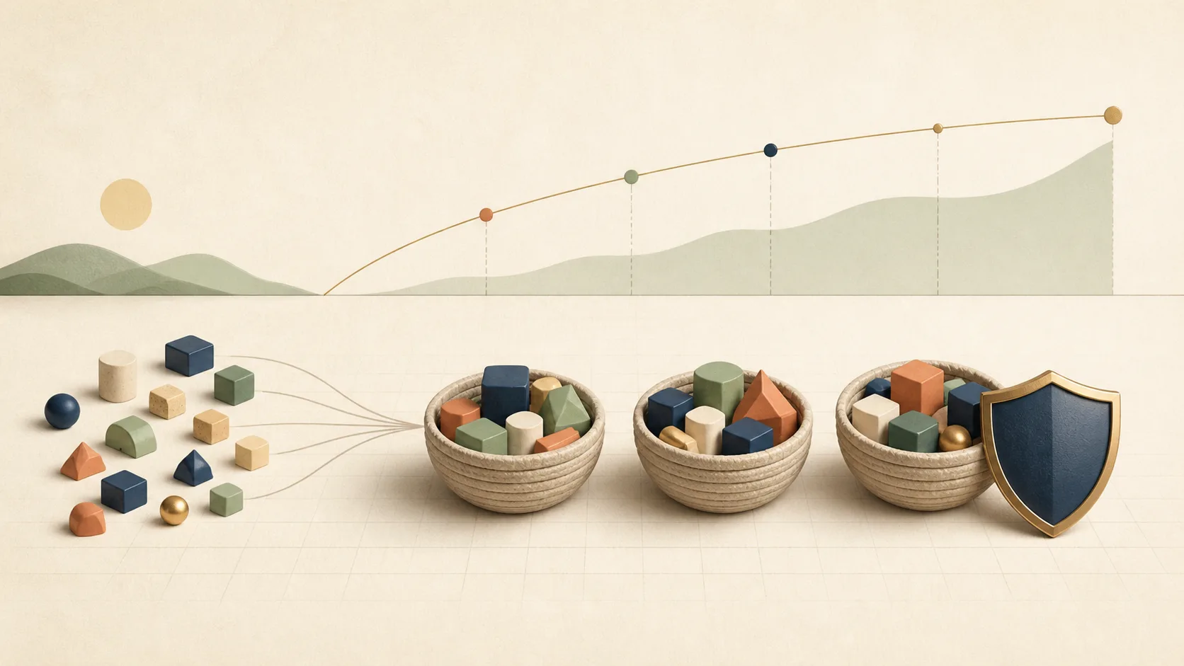 Educational illustration of a diversified asset basket, a long time horizon, and a risk shield