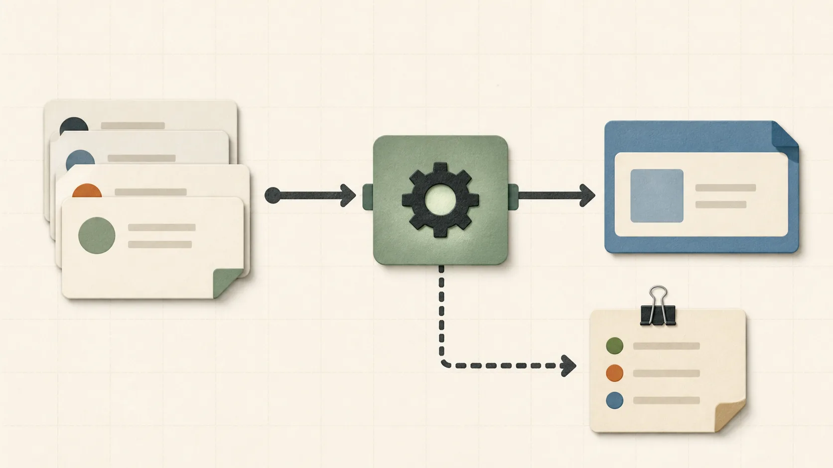 Editorial workflow illustration showing a repeated task, a small automation boundary, and a manual fallback