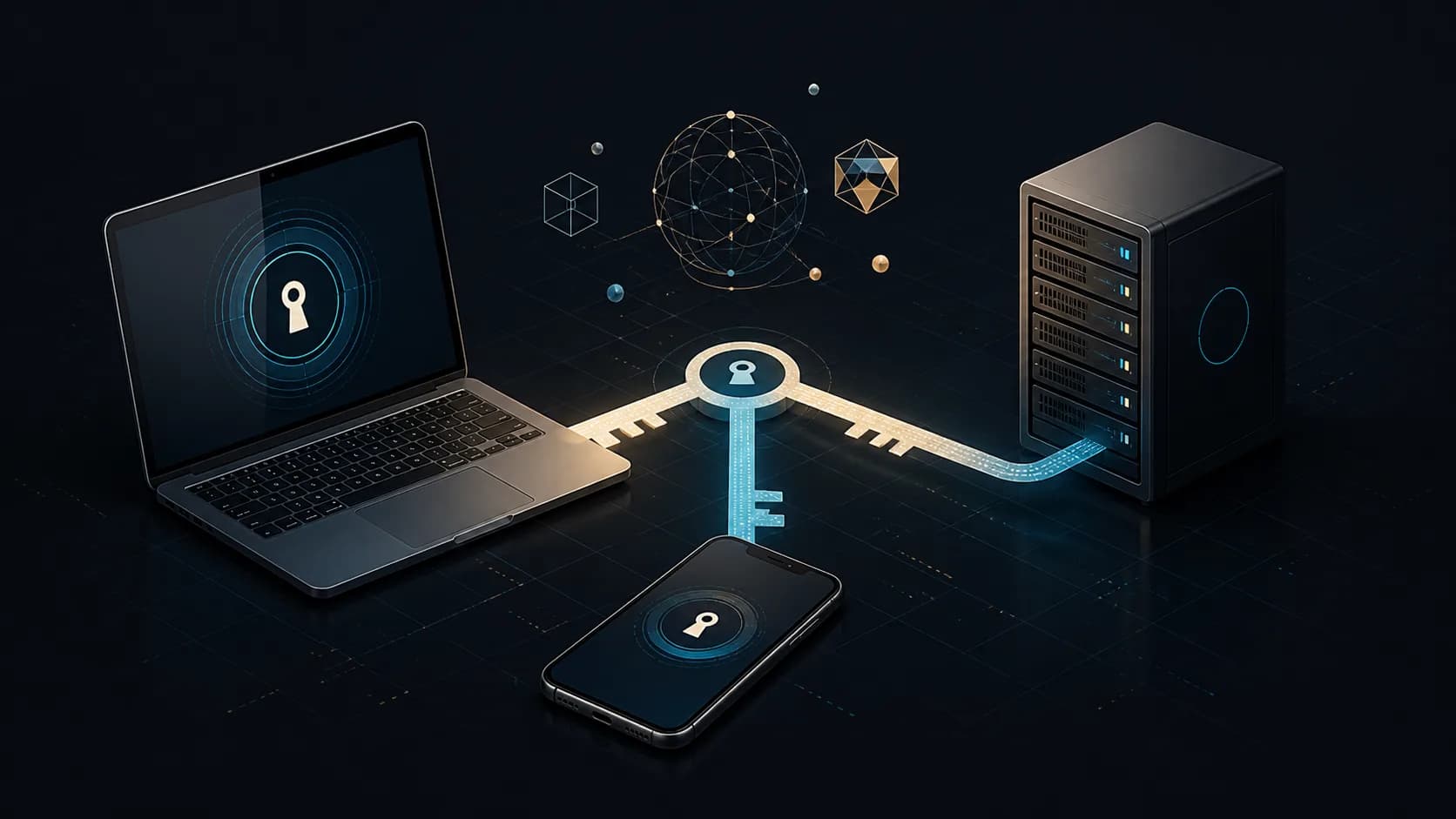 Editorial illustration of a Mac, iPhone, and Linux server connected by SSH keys